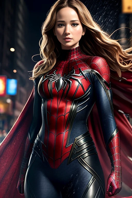 jennifer lawrence、マーベル・コミック映画のposter, very beautiful, movies about spiderman, sexy, whole body, I'm wearing a skirt、premiere date, poster、belly buttonを突き出す、new york、she's wearing a torn spiderman suit,the suit is torn、wearing a skirt、 red and black color scheme,dynamic、masterpiece、highest quality、super detailed、very detailed、Detailed beautiful shine、超A high resolution、cinematic,tear,teardrop,(torn clothes:1.5), (wet clothes:1.4), bare shoulders,real rain,wet hair,belly button、exposing skin、sexyな肩を見せてる