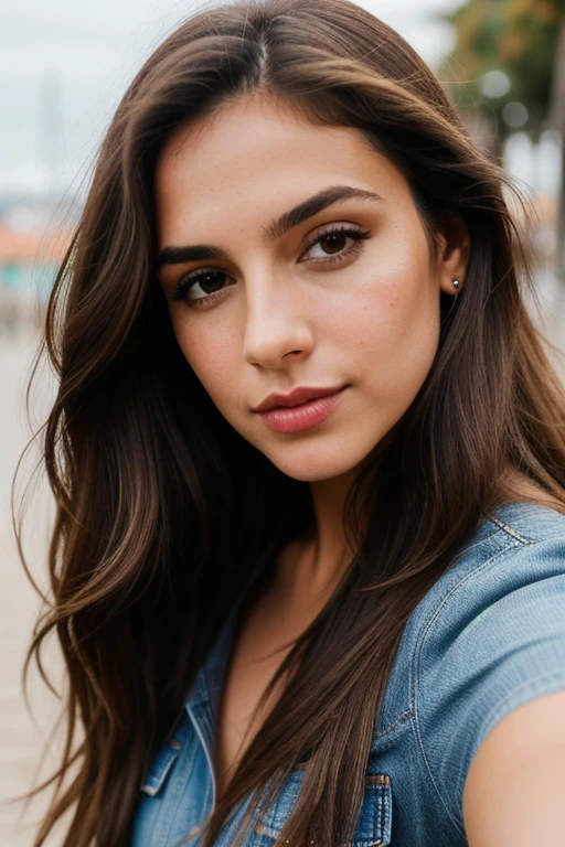 fotografia de uma mulher, (Facial expression), pele texturizada, long brown hair, shirt with jeans, selfie, sexy, makeup, paisagem Lisboa, perfect brown eyes, Suporte de 160 cores, filmado em ARRI ALEXA 65, Bokeh, sharp focus on the subject, filmado por Don McCullin, realistic, gym