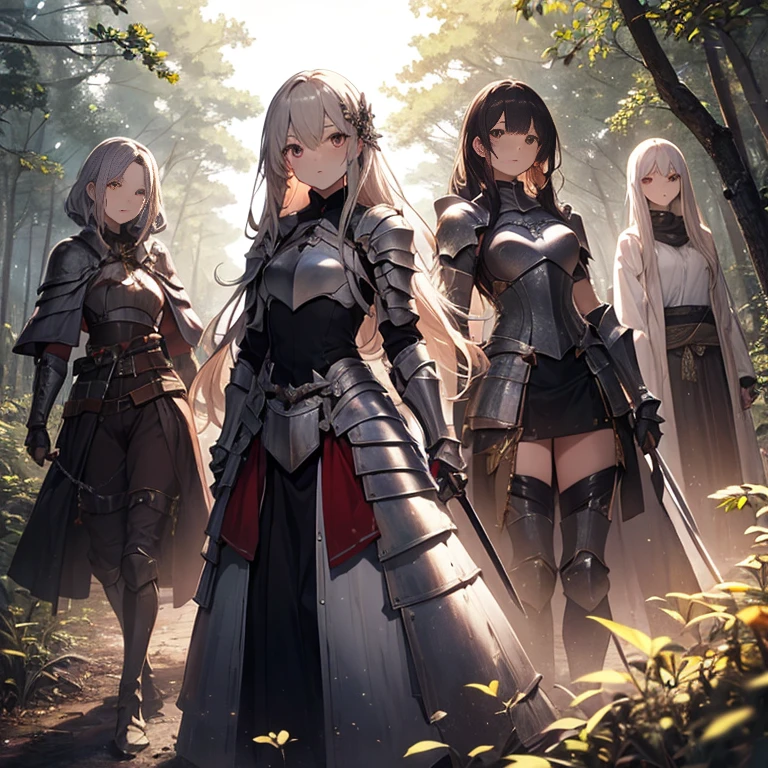 A group of  female knight, (in forest), various hair styles, harem, wearing armored clothes, metal armor, night, details face, , medium skirt, seducing, sword 