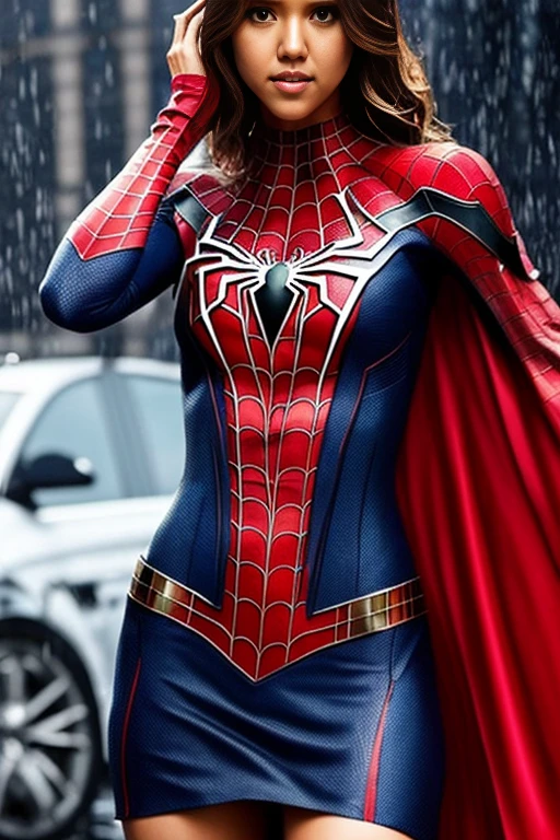 jessica alba、マーベル・コミック映画のposter, very beautiful, movies about spiderman, sexy, whole body, I'm wearing a skirt、premiere date, poster、belly buttonを突き出す、new york、she&#39;s wearing a torn spiderman suit,the suit is torn、wearing a skirt、 red and black color scheme,dynamic、masterpiece、highest quality、super detailed、very detailed、Detailed beautiful shine、超A high resolution、cinematic,tear,teardrop,(torn clothes:1.5), (wet clothes:1.4), bare shoulders,real rain,wet hair,belly button、exposing skin、sexyな肩を見せてる