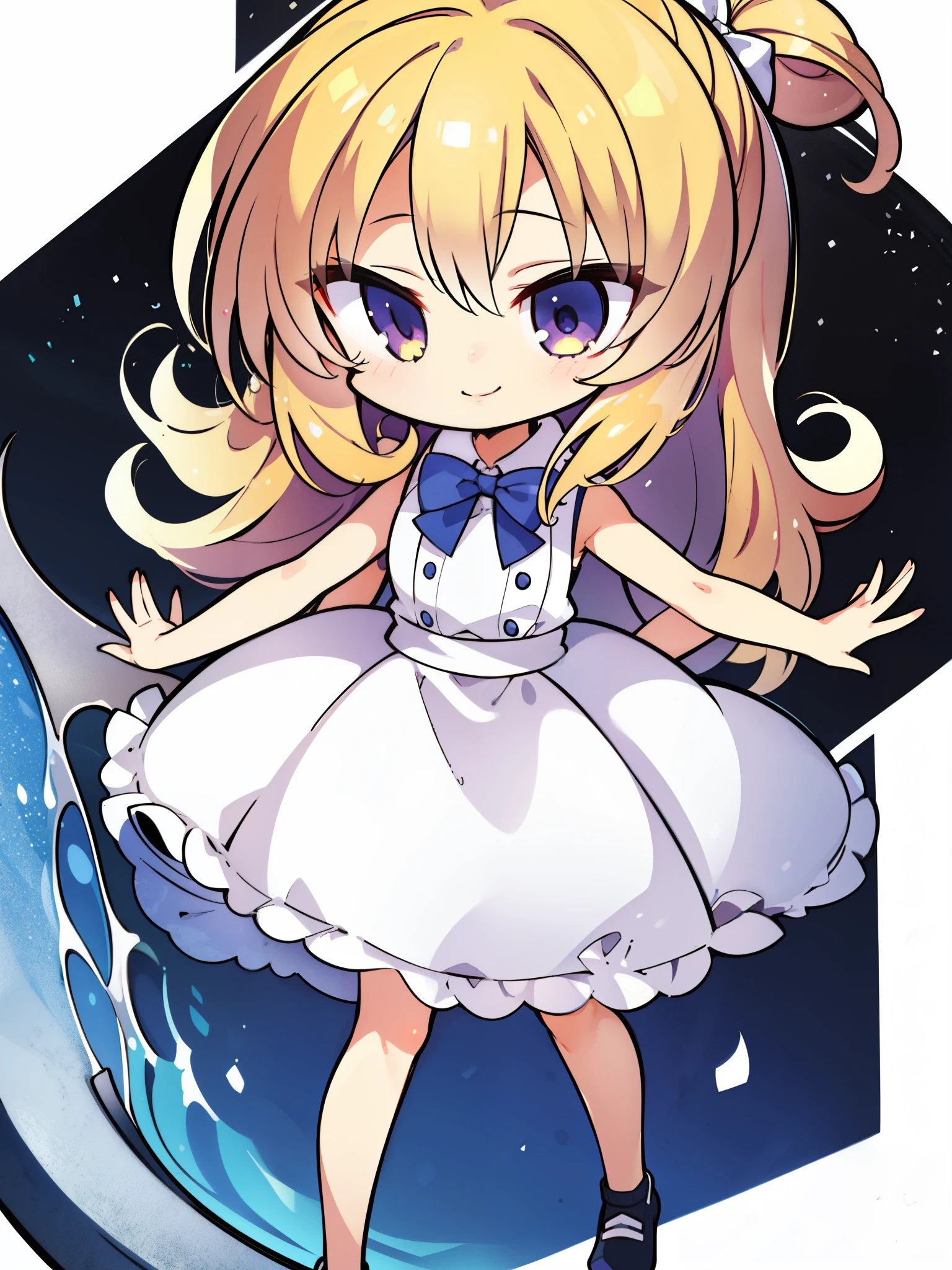 (1girl,8 years old,small),blonde hair,long hair,white dress, sleeveless, bow tie, bare shoulders,smile,full body,extra arms,four arms,chibi,full body,(white background)