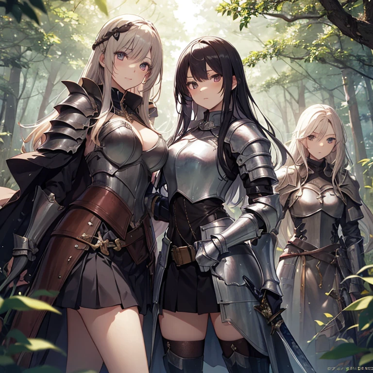 A group of  female knight, (in forest), various hair styles, harem, wearing armored clothes, metal armor, night, details face, , short skirt, seducing, sword 