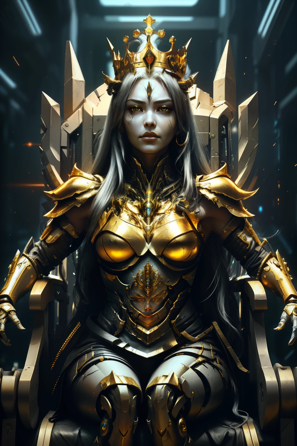 [SH4G0D:1], a beautiful cyborg warrior girl cyberpunk sensual vampiric beautiful body beautiful face in big breasts bionic legs bionic arms armor, gold diamond crown in sat on the throne chair, ultra detailed 8k extremely realistic, black background[cabelo fluorescente:1]