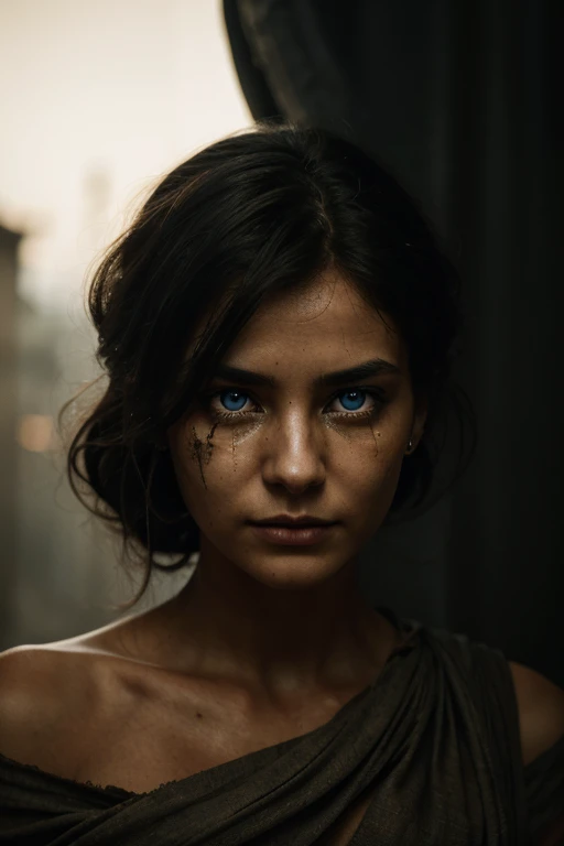 A woman in a post-apocalyptic world with striking (with otherworldly detail and luminosity), captivating, vibrant eyes, only her eyes and part of her nose are visible through the gap in the cloth that covers her face.The image is richly detailed, setting off the vivid detail and bioluminescent luminosity of her eyes, and raw emotions associated with conflict (tears), which are the central focus of the portrait. The overall mood is dark and intense, she is in a war torn country with the cloth torn and disheveled but still exhibits a deep contrast to her eyes adding a layer of mystery and survival Her face has some marks from evading capture and hiding in destroyed buildings. A Soft lighting casts gentle highlights on her skin and the delicate textures of the cloth, while illuminating the emotion and detail in her eyes to enhance their captivating allure. The composition is intimate, emphasizing the contrast between the dark cloth and her luminous gaze