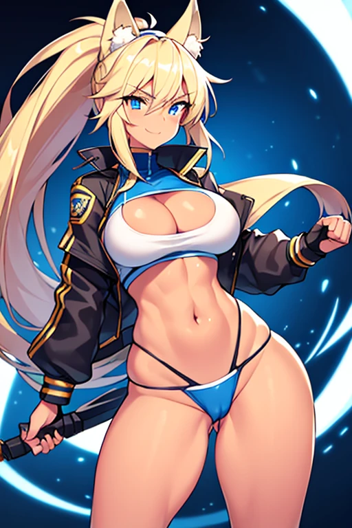 1girl, large breasts, breasts, thick thighs, wide hips, wolf ears, wolf tail, blonde hair, tan skin, tan body, tan, toned, toned female, gloves, fingerless gloves, black jacket, jacket, sports bra, sportswear, blue neon trim, blue trim, highleg panties, neon trim, neon, machinery, futuristic, light smile, cutout, mature female, ponytail, long ponytail, cameltoe, pointy hair, spiked hair, blue eyes, baseball cap, cap, hat, clenched hands, fists, fist, ((clenched hands))