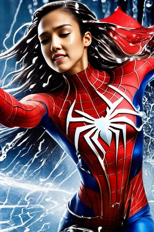 jessica alba、マーベル・コミック映画のposter, very beautiful, movies about spiderman, sexy, whole body, I'm wearing a skirt、premiere date, poster、belly buttonを突き出す、new york、she's wearing a torn spiderman suit,the suit is torn、wearing a skirt、 red and black color scheme,dynamic、masterpiece、highest quality、super detailed、very detailed、Detailed beautiful shine、超A high resolution、cinematic,tear,teardrop,(torn clothes:1.5), (wet clothes:1.4), bare shoulders,real rain,wet hair,belly button、exposing skin、sexyな肩を見せてる