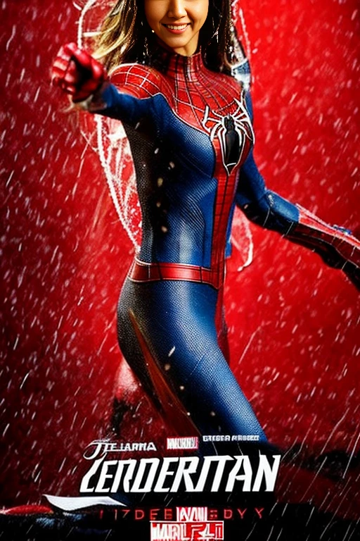 jessica alba、マーベル・コミック映画のposter, very beautiful, movies about spiderman, sexy, whole body, I'm wearing a skirt、premiere date, poster、belly buttonを突き出す、new york、she&#39;s wearing a torn spiderman suit,the suit is torn、wearing a skirt、 red and black color scheme,dynamic、masterpiece、highest quality、super detailed、very detailed、Detailed beautiful shine、超A high resolution、cinematic,tear,teardrop,(torn clothes:1.5), (wet clothes:1.4), bare shoulders,real rain,wet hair,belly button、exposing skin、sexyな肩を見せてる