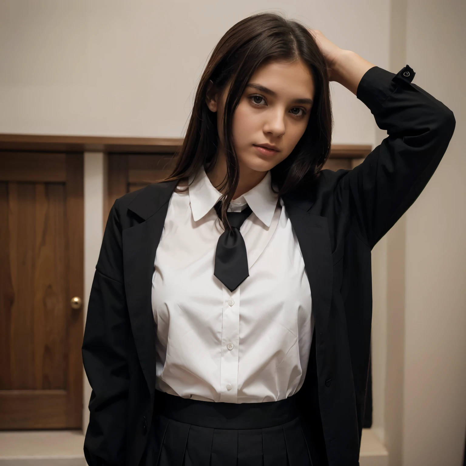 young women in black balck balck shirts and brown brown brown skirts, wearing a , wearing headmistress uniform, white colors skin, academic clothing, wearing a black shirt, preppy style, brown clothes, uniform, in black, brown shirt, colors tie balck,white,white no balck,tie black, eropean girl,one photo girl,only girl,1 girl
