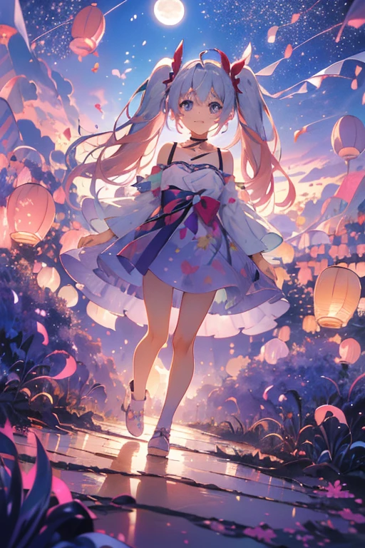 (rainbow colored hair, colorful hair, half silver、half pink hair: 1.2), ,long hair、(Cinematic digital artwork: 1.3), high quality, table top, Turquoise eyes、最high qualityの, Super detailed, figure, [4K digital art]!!、 Kyoto animation style, one woman, clavicleの美しさ, clavicle, light, want, , positive, Dead leaves dance、（Ocean、sandy beach）、full moon、On a tree-lined street、taking a walk、((purple、trendy clothes))、（（Scarlet、Polka dot unset, motivation, shine, dynamic perspective、Blue glasses、Green ribbon、twin tails、embarrassed face、cute face、happy face