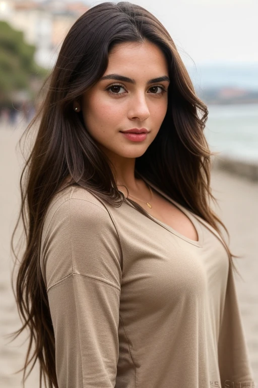 fotografia de uma mulher, (Facial expression), pele texturizada, long brown hair, shirt with jeans, selfie, sexy, makeup, paisagem Lisboa, perfect brown eyes, Suporte de 160 cores, filmado em ARRI ALEXA 65, sharp focus on the subject, filmado por Don McCullin, realistic, gym