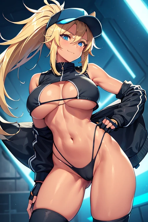 1girl, large breasts, breasts, thick thighs, wide hips, wolf ears, wolf tail, blonde hair, tan skin, tan body, tan, toned, toned female, gloves, fingerless gloves, black jacket, jacket, sports bra, sportswear, blue neon trim, blue trim, highleg panties, neon trim, neon, machinery, futuristic, light smile, cutout, mature female, ponytail, long ponytail, cameltoe, pointy hair, spiked hair, blue eyes, baseball cap, cap, hat, tall, tall female