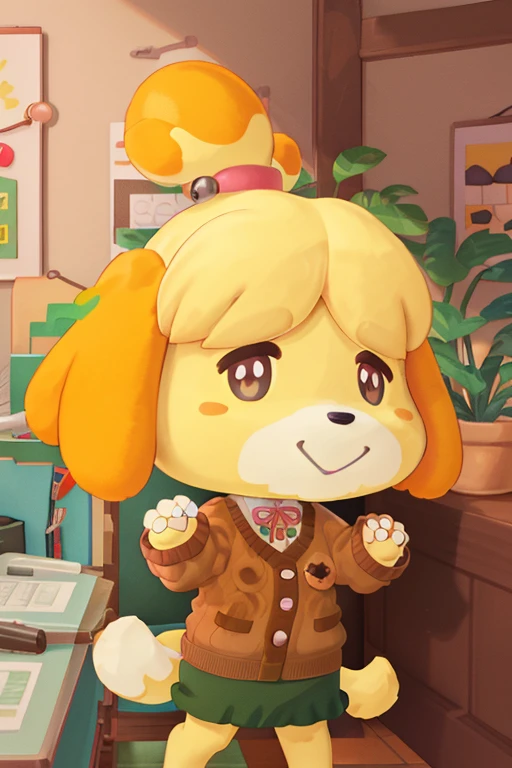 character: Isabel, Animal Crossing, (inside), (perfect hands), ((masterpiece)), (((hazel eyes))), full body, (perfect face, detailed face, detailed eyes, perfect hands, Perfect fingers), ((high quality)), looking at viewer, (detailed face and eyes), alone, loraisabelle, green skirt, brown sweater, white necklace, bright lips, happy smile, autumn, glasses, ((inside)) , ((Corner Office)), red ribbon, furry, cute furry, small pink nose, blush, , pretty eyelashes, kawaii, kemono, fluffy, hands down, 1 girl, dog girl, smile, dog ears Blonde hair bun indoors hairy hairy female plant behind desk