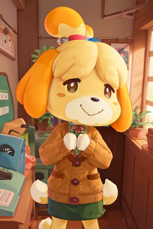 character: Isabel, Animal Crossing, (inside), (perfect hands), ((masterpiece)), (((hazel eyes))), full body, (perfect face, detailed face, detailed eyes, perfect hands, Perfect fingers), ((high quality)), looking at viewer, (detailed face and eyes), alone, loraisabelle, green skirt, brown sweater, white necklace, bright lips, happy smile, autumn, glasses, ((inside)) , ((Corner Office)), red ribbon, furry, cute furry, small pink nose, blush, , pretty eyelashes, kawaii, kemono, fluffy, hands down, 1 girl, dog girl, smile, dog ears Blonde hair bun indoors hairy hairy female plant behind desk