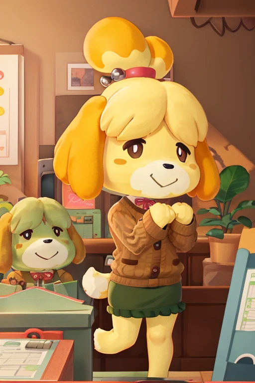 character: Isabel, Animal Crossing, (inside), (perfect hands), ((masterpiece)), (((hazel eyes))), full body, (perfect face, detailed face, detailed eyes, perfect hands, Perfect fingers), ((high quality)), looking at viewer, (detailed face and eyes), alone, loraisabelle, green skirt, brown sweater, white necklace, bright lips, happy smile, autumn, glasses, ((inside)) , ((Corner Office)), red ribbon, furry, cute furry, small pink nose, blush, , pretty eyelashes, kawaii, kemono, fluffy, hands down, 1 girl, dog girl, smile, dog ears Blonde hair bun indoors hairy hairy female plant behind desk