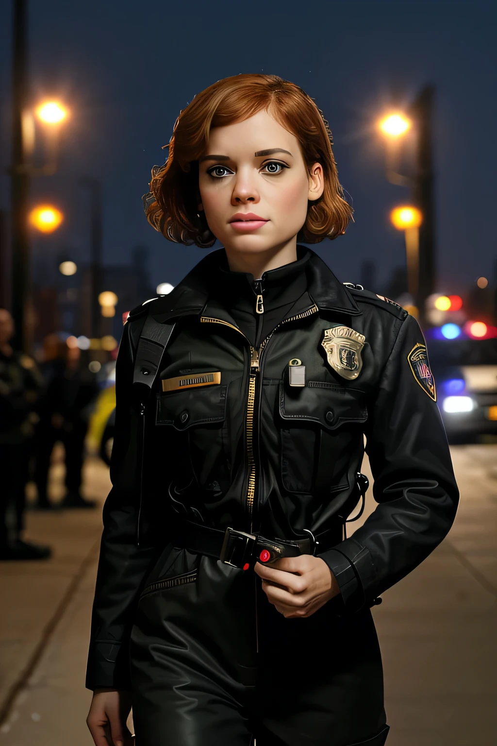 promotional photograph from television series of beautiful(J4n313vy:1.1) woman as a criminal detective in a Baltimore police precinct,wearing black dress with a khaki trenchcoat,(police badge:1.3),holding (glock pistol:1.2),walking along waterfront,overlooking harbor,taken with Nikon D850,Nikon AF-S 85mm f/1.4G lens,photo realistic,bokeh,IMAX,(highly detailed),(Award winning),(Masterpiece),(HDR),(8k wallpaper),colorful,vivid color,intricately detailed,looking_at_viewer,highres,absurdres,hyper realistic,UDH,depth_of_field,PA7_Portrait-MS,