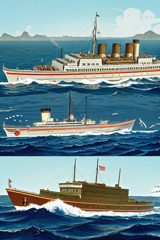 A detailed illustration of a little, all-metal, cigar-shaped oval submarine with a metal battering ram in its prow powerfully slams the Big Titanic at sea.