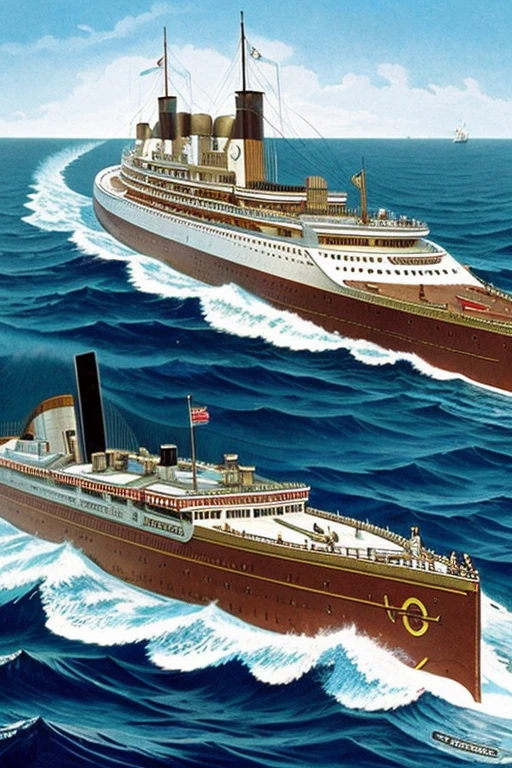 A detailed illustration of a little, all-metal, cigar-shaped oval submarine with a metal battering ram in its prow powerfully slams the Big Titanic at sea.