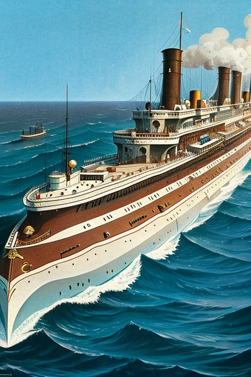 A detailed illustration of a little, all-metal, cigar-shaped oval submarine with a metal battering ram in its prow powerfully slams the Big Titanic at sea.