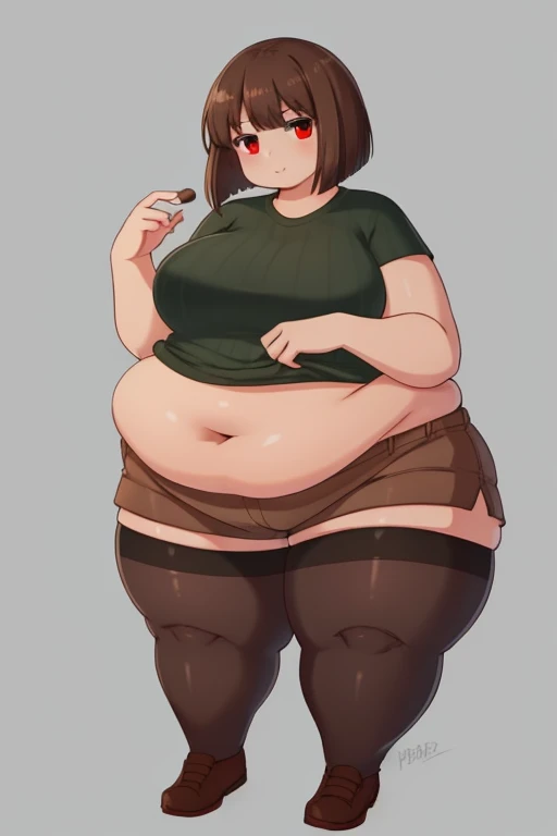 ((best quality)), ((masterpiece)), (detailed), Undertale Chara, brown hair, (brown shorts: 1.3), bob cut, short hair, black pantyhose, (green shirt: 1.3), red eyes, (1girl: 1.3), (solo: 1.3), stripes, striped shirt tetas con una altura de 2 y 0.0 centimeters y un grosor de 0.0 centimeters, bbw, plump, large belly, large breasts, large thighs, love handles, wide hips, weight gain,