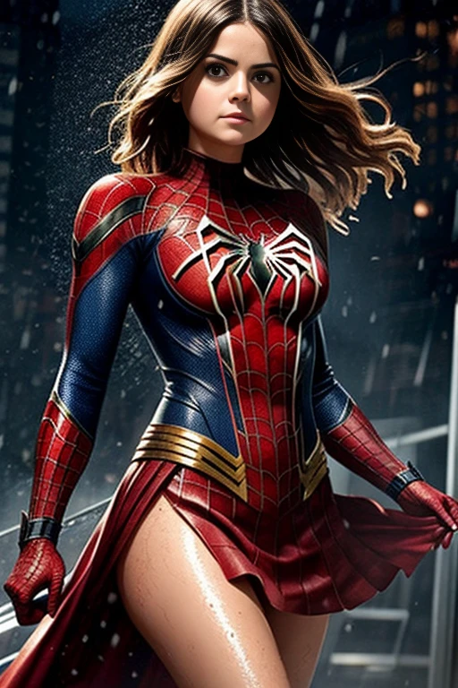 jenna louise coleman、マーベル・コミック映画のposter, very beautiful, movies about spiderman, sexy, whole body, I'm wearing a skirt、premiere date, poster、belly buttonを突き出す、new york、she&#39;s wearing a torn spiderman suit,the suit is torn、wearing a skirt、 red and black color scheme,dynamic、masterpiece、highest quality、super detailed、very detailed、Detailed beautiful shine、超A high resolution、cinematic,tear,teardrop,(torn clothes:1.5), (wet clothes:1.4), bare shoulders,real rain,wet hair,belly button、exposing skin、sexyな肩を見せてる
