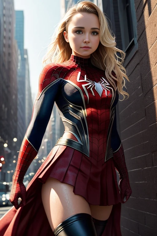 Hayden Panettiere、マーベル・コミック映画のposter, very beautiful, movies about spiderman, sexy, whole body, I'm wearing a skirt、premiere date, poster、belly buttonを突き出す、new york、she&#39;s wearing a torn spiderman suit,the suit is torn、wearing a skirt、 red and black color scheme,dynamic、masterpiece、highest quality、super detailed、very detailed、Detailed beautiful shine、超A high resolution、cinematic,tear,teardrop,(torn clothes:1.5), (wet clothes:1.4), bare shoulders,real rain,wet hair,belly button、exposing skin、sexyな肩を見せてる