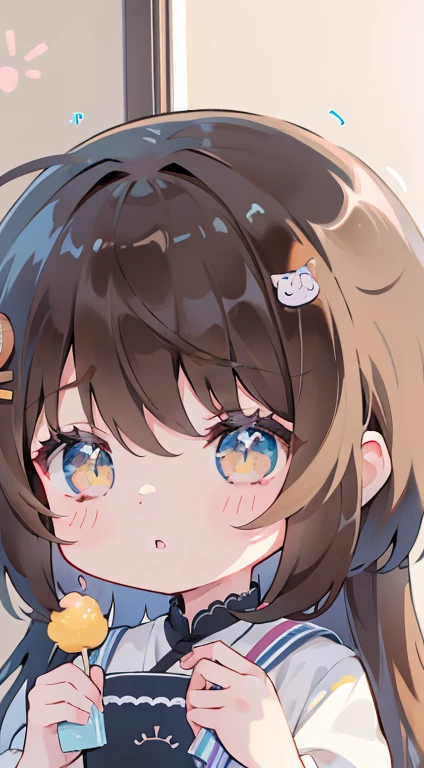 one girl、Mocha Brown Hair、cute、fluffy hair、fluffy hair、light brown hair、sweets background、Calm、anime style、2 heads