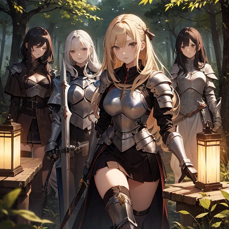 A group of  female knight, (in forest), various hair styles, harem, wearing armored clothes, metal armor, night, details face, , short skirt, seducing, various weapons