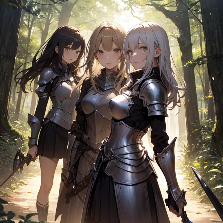 A group of  female knight, (in forest), various hair styles, harem, wearing armored clothes, metal armor, night, details face, , short skirt, seducing, various weapons
