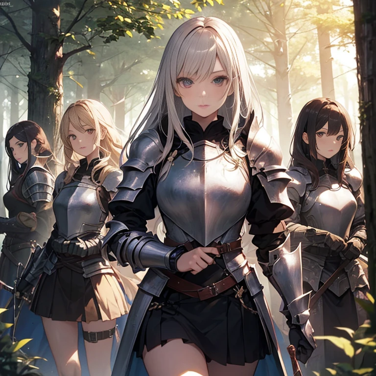 A group of female knight, (in forest), various hair styles, harem, wearing armored clothes, metal armor, night, details face, , short skirt, seducing, various weapons