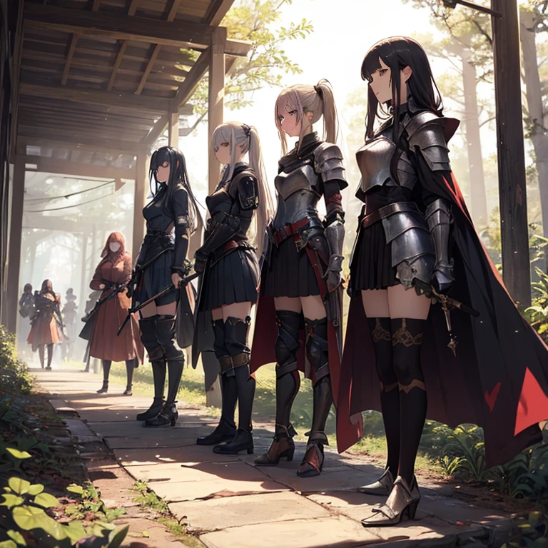 A group of female knight, (in forest), various hair styles, harem, wearing armored clothes, metal armor, night, details face, , short skirt, seducing, various weapons