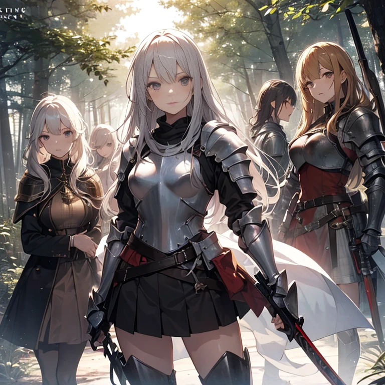 A group of female knight, (in forest), various hair styles, harem, wearing armored clothes, metal armor, night, details face, , short skirt, seducing, various weapons