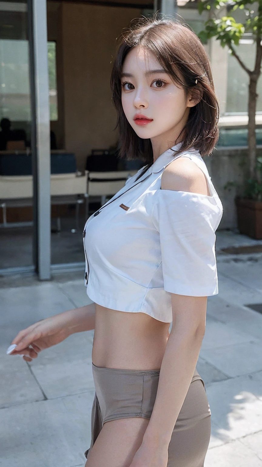 Top Quality, Masterpiece, 8K, Ultra High Definition, (Photorealistic: 1.4), 1 Girl, Beautiful Face, Symmetrical Eyes, Big adorable eyes, Perfect Body Proportions, Stewardess Uniform, Viewer's Look, stand up, side View, Shoulder Jump, Absolute Area (1.3), Extremely high resolution, silky smooth skin, depth of field, detailed face and eyes,