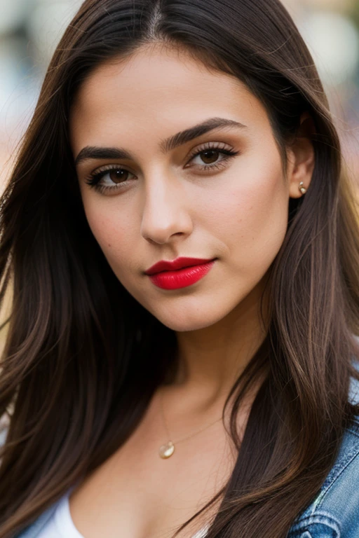 (La mejor calidad,realista:1),sexy, feliz, chaqueta color rojo, Ojos y labios detallados, Bold expression