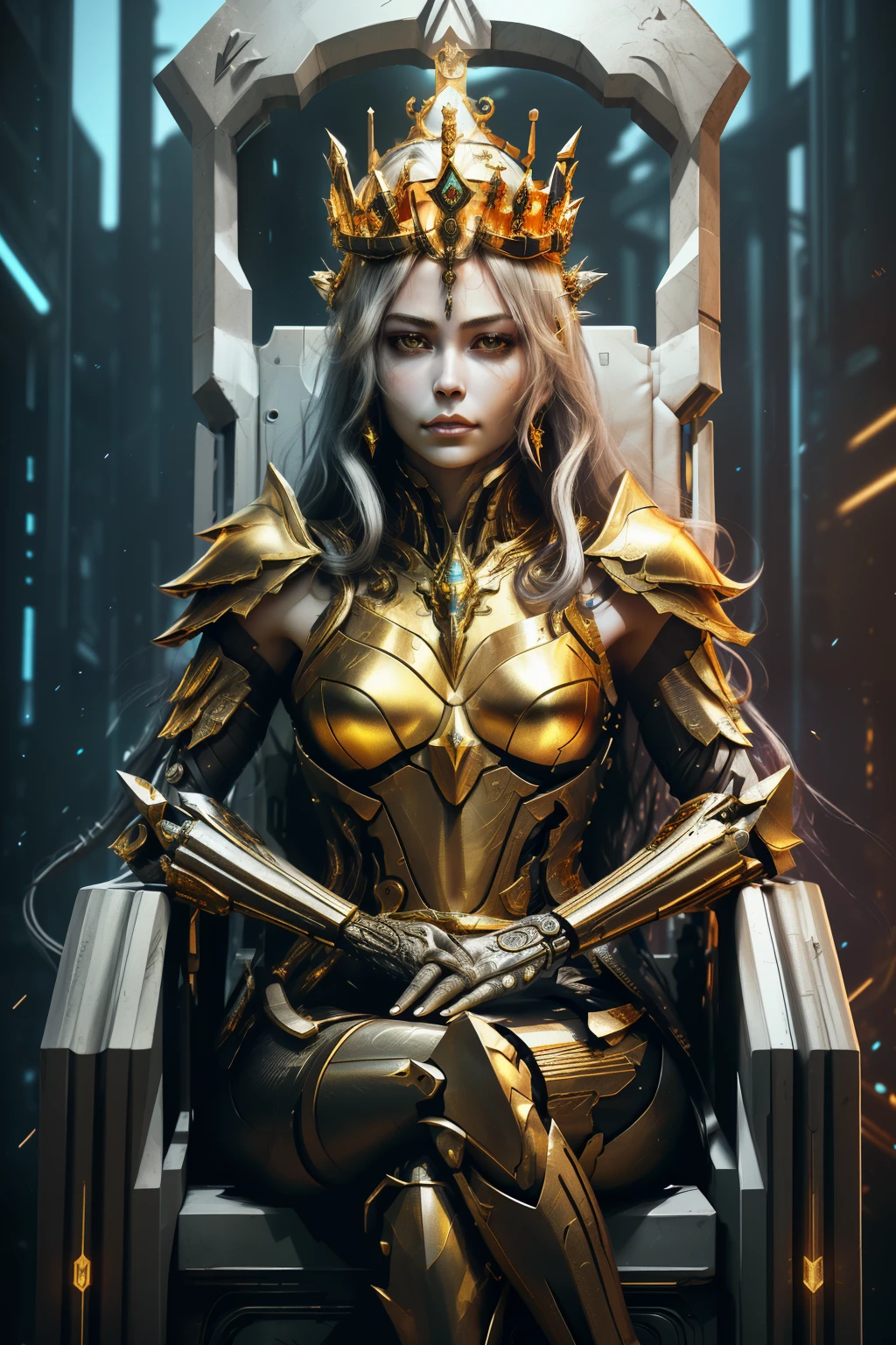 [SH4G0D:1], a beautiful queen warrior girl cyberpunk sensual face beautiful body beautiful face in big breasts bionic legs bionic arms armor, gold diamond crown in sat on the throne chair, ultra detailed 8k extremely realistic, black background[cabelo fluorescente:1]