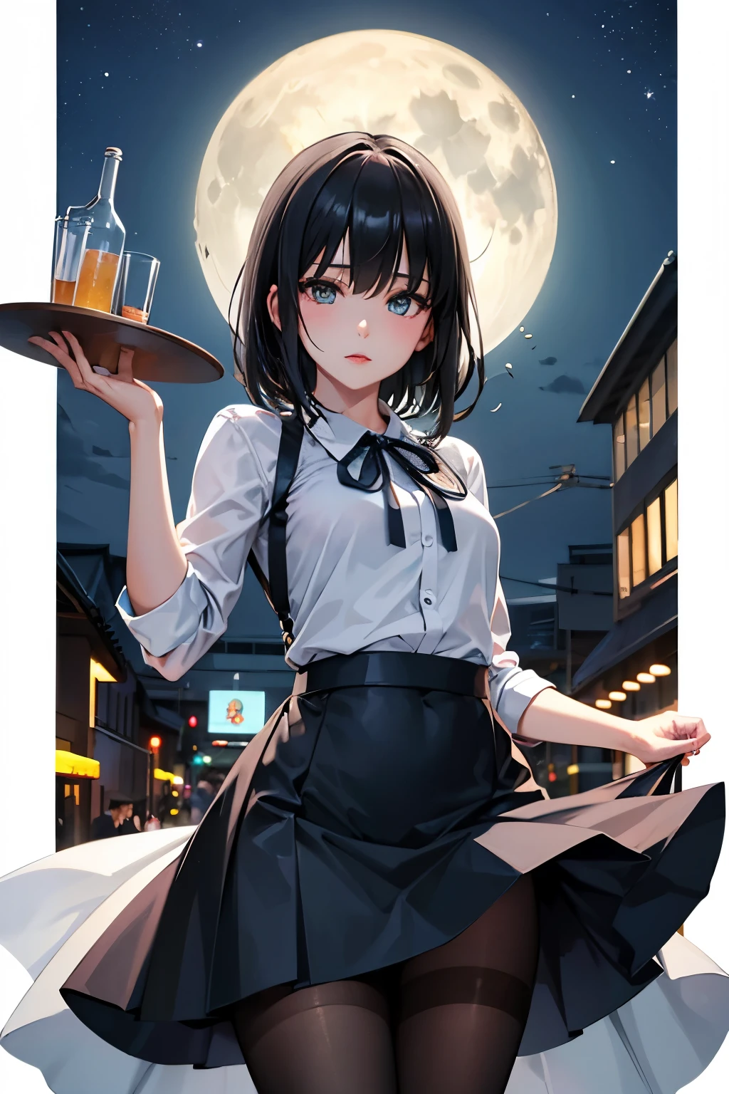 Fubuki, Bartender's clothes、pantyhose、Photo from below、full moon、medium chest、bootini skirt