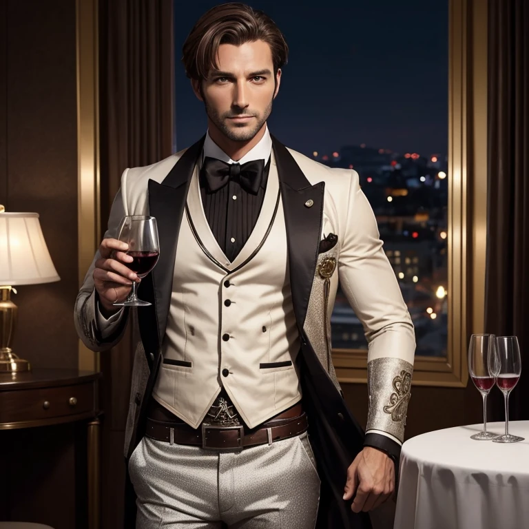 Man in his 30s light brown hair black Steampunk evening suit with white jeans black silver trim muscular build holding a glass of wine looking straight at the viewer in the background of a hotel at night