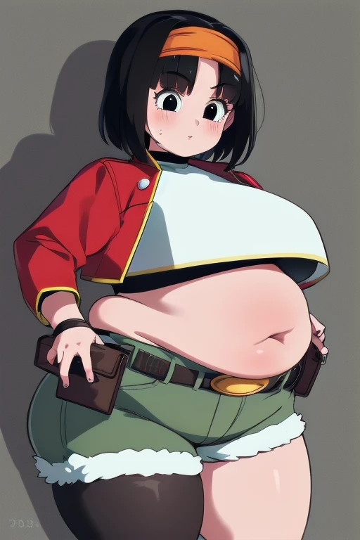 (masterpiece, best quality), 1girl, pan,1girl,solo,short hair,bangs,black hair,orange headband,black eyes,  belt,crop top,red jacket,crop jacked,green shorts,turtleneck,bbw, plump, large belly, ?????????????, large thighs, love handles, wide ????, weight gain,