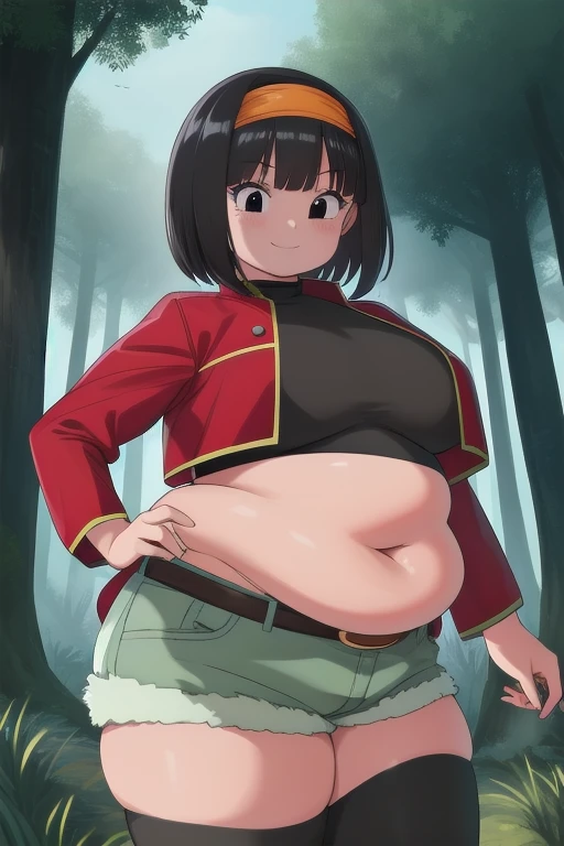 pan,1girl,solo,short hair,bangs,black hair,orange headband,black eyes,
belt,crop top,red jacket,crop jacked,green shorts,turtleneck
smile,closed mouth,cowboy shot,
forest,outdoor,
(insanely detailed, beautiful detailed face, masterpiece, best quality) cinematic lighting,bbw, plump, large belly, large breasts, large thighs, love handles, wide hips, weight gain,