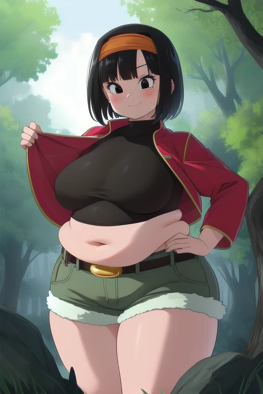 pan,1girl,solo,short hair,bangs,black hair,orange headband,black eyes,
belt,crop top,red jacket,crop jacked,green shorts,turtleneck
smile,closed mouth,cowboy shot,
forest,outdoor,
(insanely detailed, beautiful detailed face, masterpiece, best quality) cinematic lighting,bbw, plump, large belly, large breasts, large thighs, love handles, wide hips, weight gain,