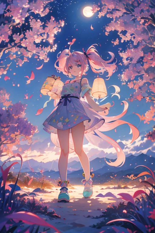 (rainbow colored hair, colorful hair, half silver、half pink hair: 1.2), ,long hair、(Cinematic digital artwork: 1.3), high quality, table top, Turquoise eyes、最high qualityの, Super detailed, figure, [4K digital art]!!、 Kyoto animation style, one woman, clavicleの美しさ, clavicle, light, want, , positive, Dead leaves dance、（Ocean、sandy beach）、full moon、On a tree-lined street、taking a walk、((purple、trendy clothes))、（（Scarlet、Polka dot unset, motivation, shine, dynamic perspective、Blue glasses、Green ribbon、twin tails、embarrassed face、cute face、happy face