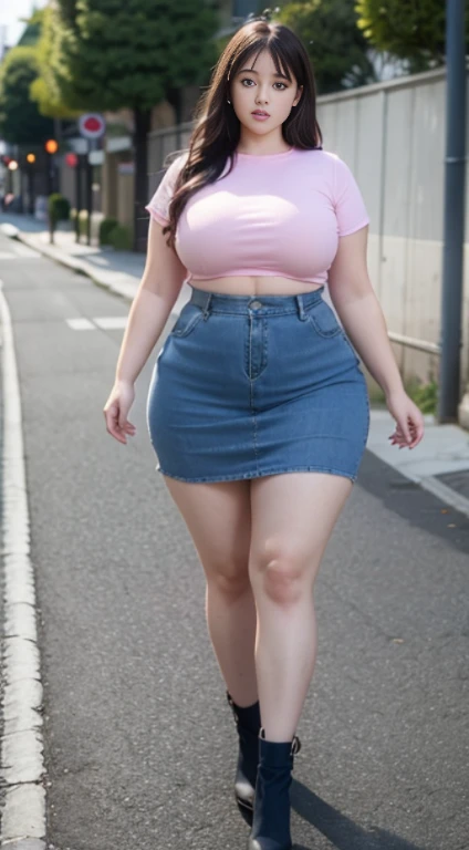 araffe woman in a pink shirt and blue denim skirt walking down a street, thicc, she has a jiggly fat round belly, bbwchan, wearing tight simple clothes, skinny waist and thick hips, widest hips, her belly is fat and round, soft curvy shape, hyperrealistic full figure, wearing a cute top, wide hips