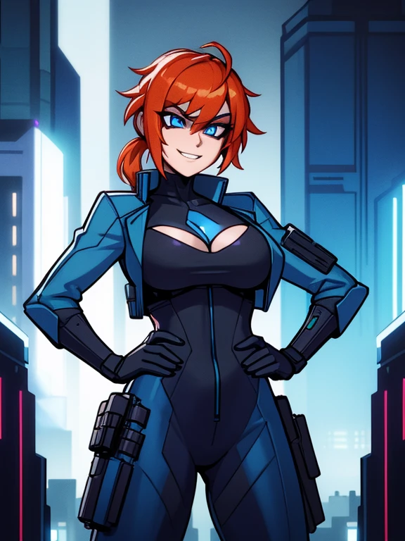 half body portrait, generic 32 year old Cyberpunk Agent, pretty and brave, medium breasts, pale skin, thin and athletic, (Wearing a blue futuristic jumpsuit, utility belt and gun holsters), doing a heroic pose with hands on hips, grin with teeth, cleavage exposed, perfect eyes, perfect irises, standing on a rooftop with a night sky, The skyline of a cyberpunk city is seen in the background, (1girl with short orange hair, pony tail style and bright blue irises), 4k textures, raw photo, epic artistic, photoreal art, sharp focus, even lighting, insane details, intricate details, hyperdetailed, rich colors, staring at viewer, looking into camera, windswept hair blowing in the wind
