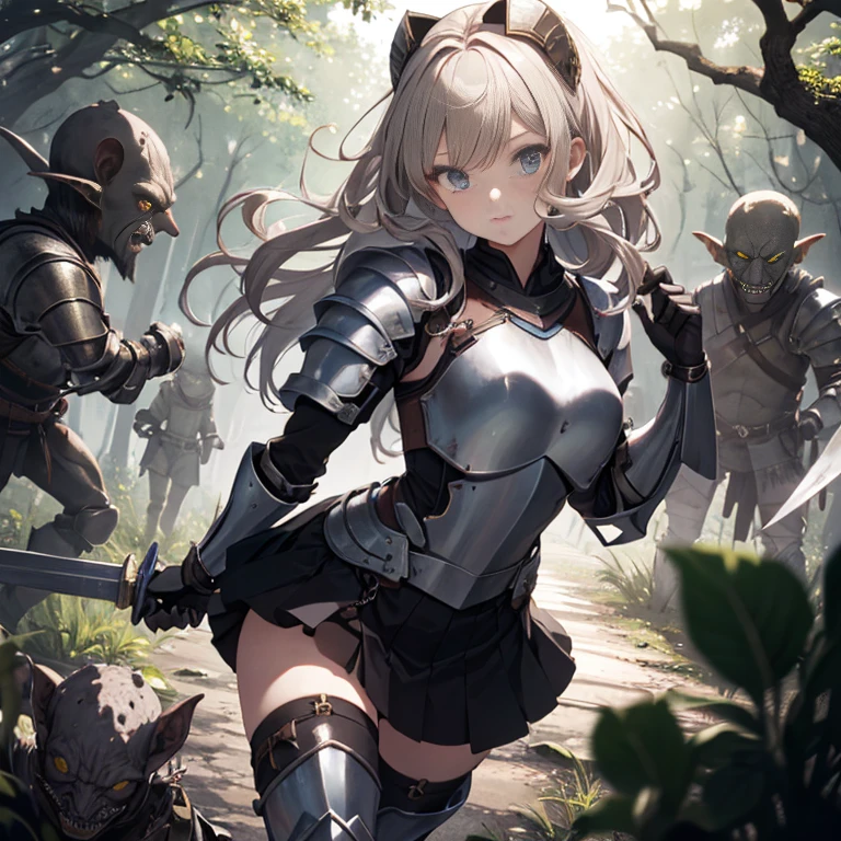 A female knight, (in forest), wearing armored clothes, metal armor, night, details face, , short skirt, surrounded by goblins, various weapons