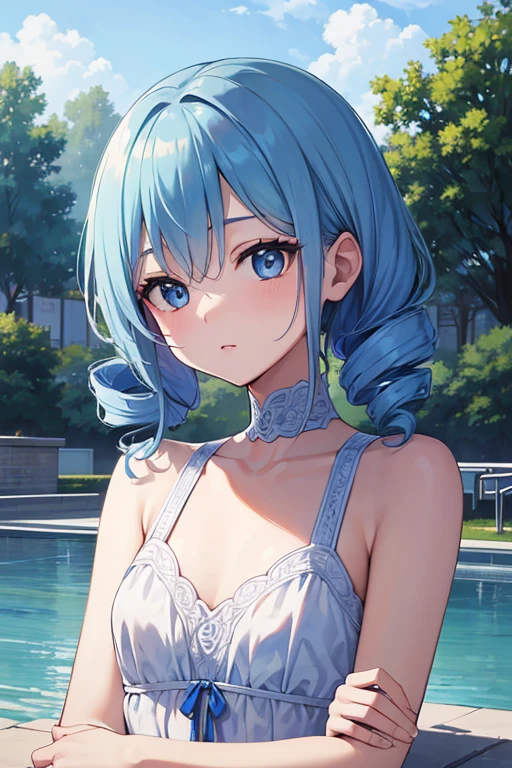 最high quality,very detailed,high quality,very detailed,masterpiece,super fine,ultra high resolution,超high quality,super delicate face,surreal,(1 person:1.2)、woman、(:1.5)、sky blue hair color、(Cute sky blue eyes)、(short:1.3)、flat chest 、 body shape、(twin drill hair:1.2)、