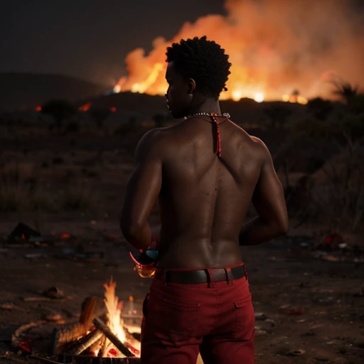 Mitologia Africana. Relista. Homem negro bonito, ajoelhado de frente para a foto, In prayer, Hands together, sem camisa, Red pants, colar fino de contas vermelhas. Dark scenery with a big bonfire behind 