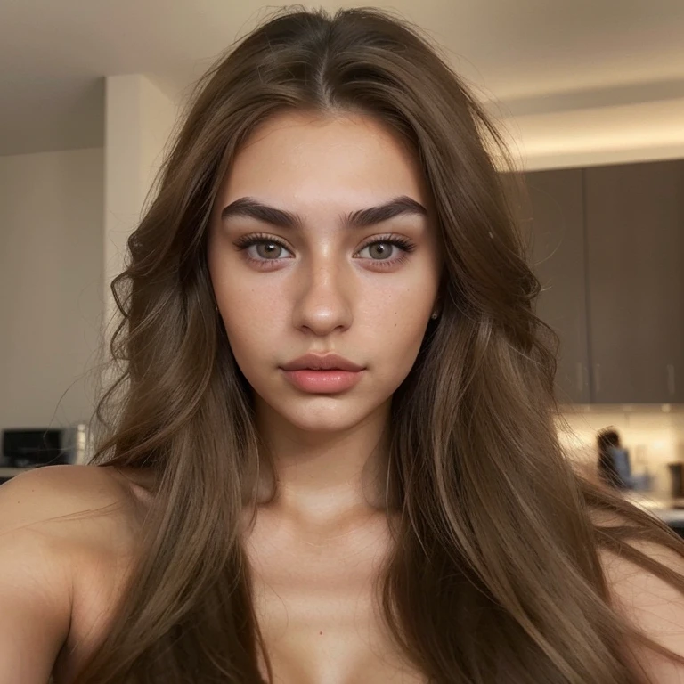 instagram photo of one beautifull russian girl, very pretty, 20 years old, tanned, long hair, brown hair, brown eyes, sharp eyebrows, big lips, realistic, large ches, ladies wear,