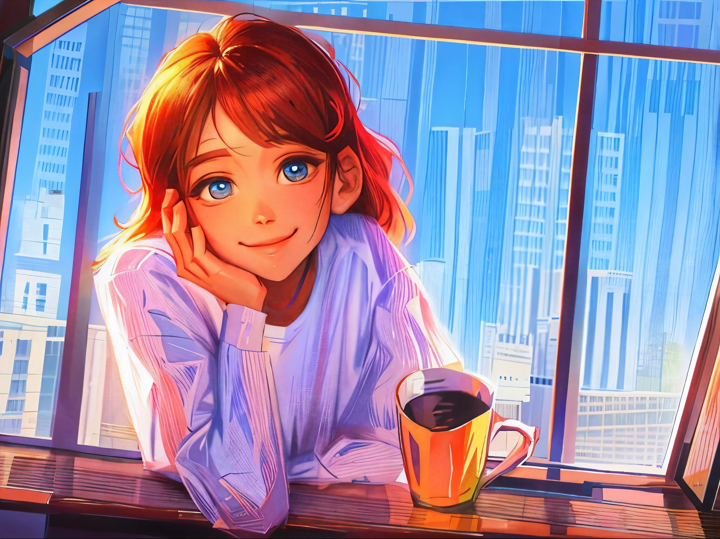 Woman looking at the sky by the window、white t-shirt、The right hand is resting on the cheek.、smile