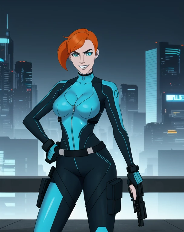 half body portrait, generic 32 year old Cyberpunk Agent, pretty and brave, medium breasts, pale skin, thin and athletic, (Wearing a blue futuristic jumpsuit, utility belt and gun holsters), doing a heroic pose with hands on hips, grin with teeth, cleavage exposed, perfect eyes, perfect irises, standing on a rooftop with a night sky, The skyline of a cyberpunk city is seen in the background, (1girl with short orange hair, pony tail style and bright blue irises), 4k textures, raw photo, epic artistic, photoreal art, sharp focus, even lighting, insane details, intricate details, hyperdetailed, rich colors, staring at viewer, looking into camera, windswept hair blowing in the wind
