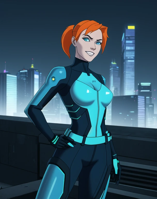 half body portrait, generic 32 year old Cyberpunk Agent, pretty and brave, medium breasts, light skin, thin and athletic, (Wearing a futuristic black leather jumpsuit, utility belt and gun holsters), doing a heroic pose with hands on hips, grin with teeth, cleavage exposed, perfect eyes, perfect irises, standing on a rooftop with a night sky, The skyline of a cyberpunk city is seen in the background, (1girl with short orange hair, pony tail style and bright blue irises), epic artistic, photoreal art, sharp focus, even lighting, insane details, intricate details, hyperdetailed, rich colors, staring at viewer, looking into camera, windswept hair blowing in the wind