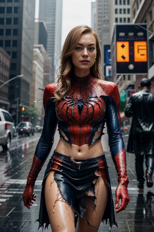 Yvonne Strahovski、マーベル・コミック映画のposter, very beautiful, movies about spiderman, sexy, whole body, I'm wearing a skirt、premiere date, poster、belly buttonを突き出す、new york、she&#39;s wearing a torn spiderman suit,the suit is torn、wearing a skirt、 red and black color scheme,dynamic、masterpiece、highest quality、super detailed、very detailed、Detailed beautiful shine、超A high resolution、cinematic,tear,teardrop,(torn clothes:1.5), (wet clothes:1.4), bare shoulders,real rain,wet hair,belly button、exposing skin、sexyな肩を見せてる